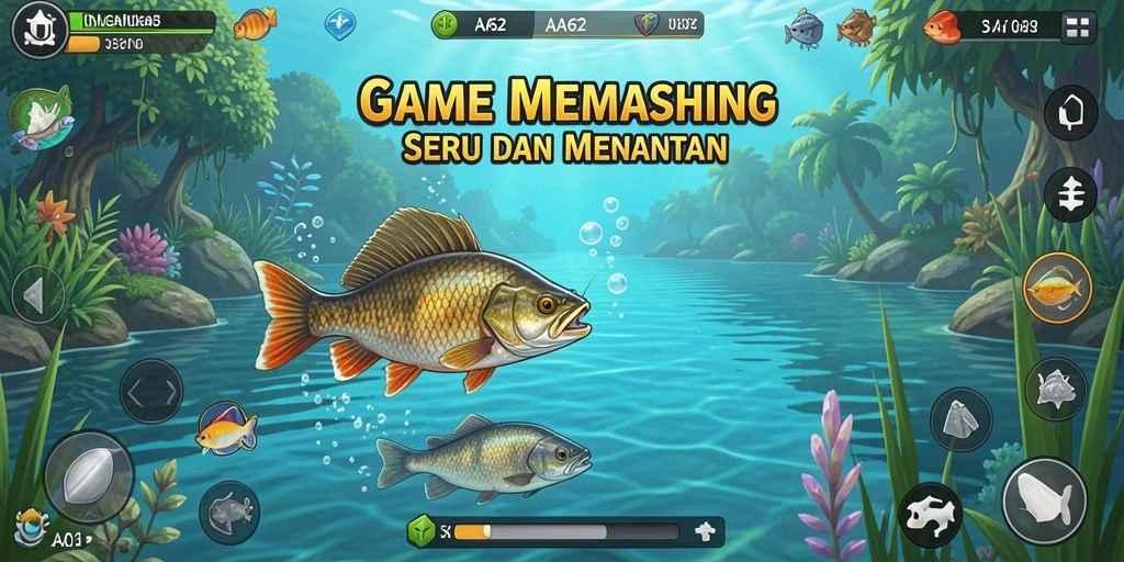 Screenshot gameplay AA62 menampilkan aksi memancing yang mendebarkan.
