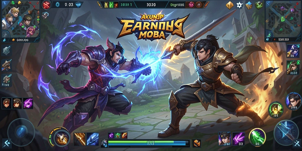 Tampilan gameplay seru dalam pertarungan MOBA yang intens.
