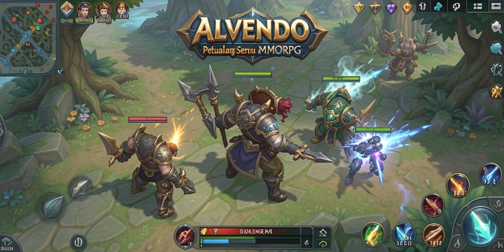 Screenshot dari gameplay ALVENDO menampilkan pertarungan epik dan eksplorasi dunia.