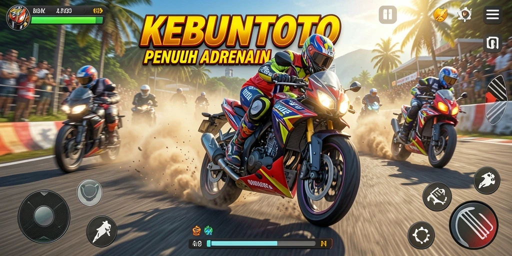 Screenshot gameplay KEBUNTOTO menampilkan balapan motor yang mendebarkan.