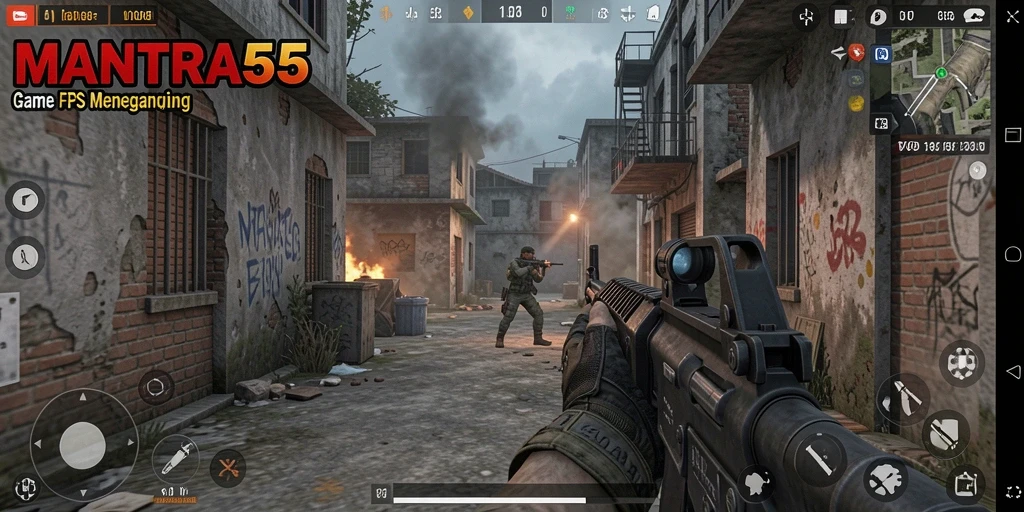 Tampilan aksi seru dalam game FPS MANTRA55 dengan grafis menawan.