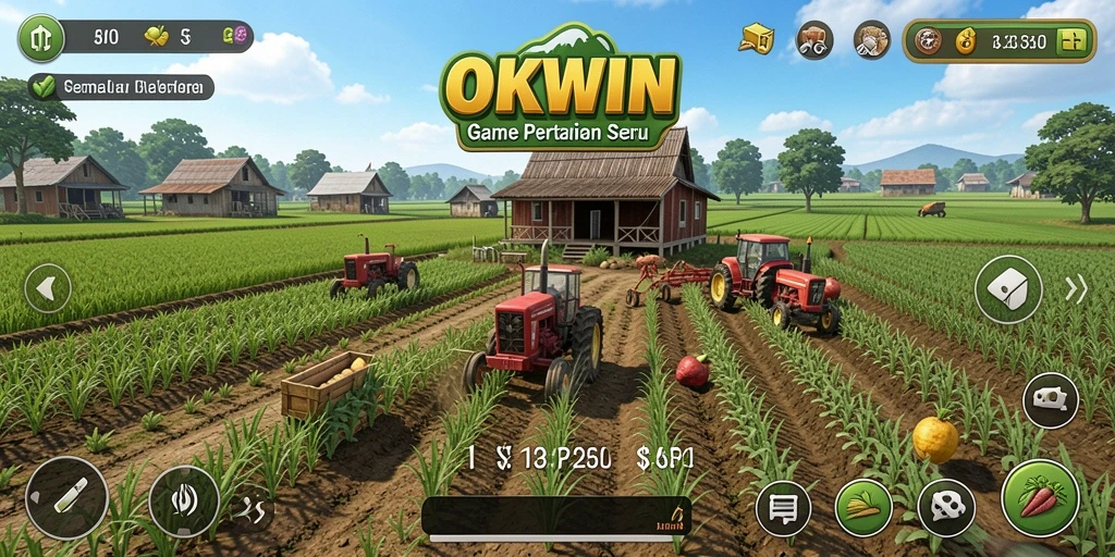 Tampilan gameplay OKWIN yang menampilkan ladang hijau dan peternakan yang aktif.