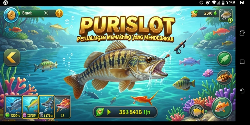 Screenshot utama PURISLOT menunjukkan pemain menangkap ikan di lingkungan yang menakjubkan.