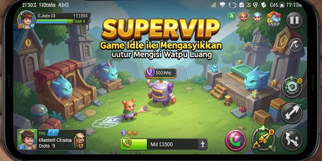 Screenshot gameplay SUPERVIP yang menunjukkan karakter mengumpulkan sumber daya.